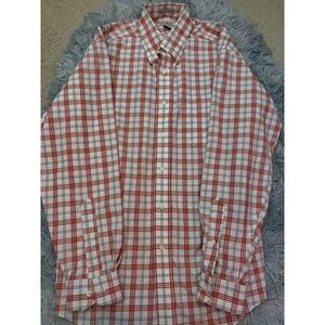 LL Bean Men's M Regular Plaid Button Down Shirt Orange White 100% Cotton
